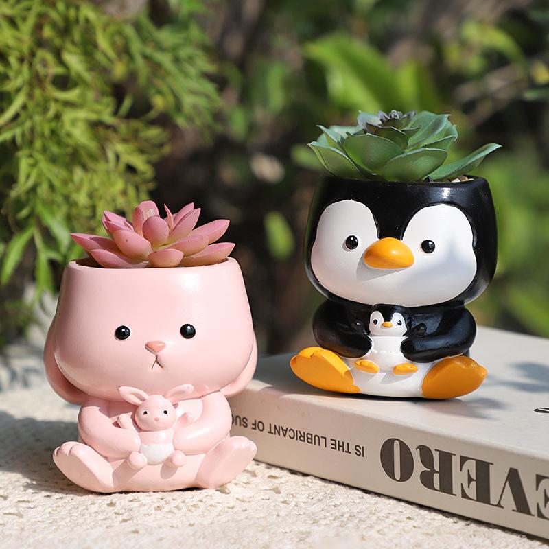 Chậu cây mọng nước hình động vật ôm nhau resin, chậu mini để bàn, đồ thủ công trang trí (RG-85)