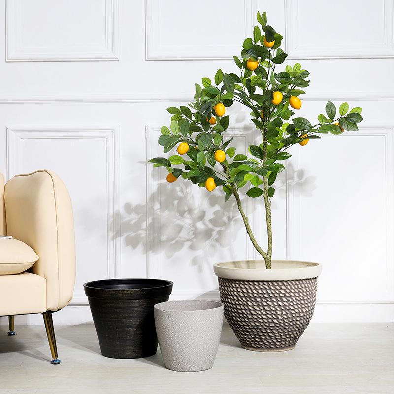 Chậu cây resin giả gốm cỡ lớn, chậu tròn phong cách Bắc Âu, chậu cây trang trí phòng khách (RG-141)