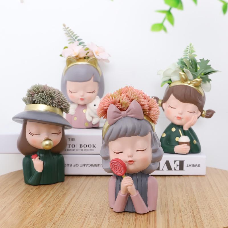 Chậu cây mọng nước hình cô gái resin phong cách châu Âu, chậu mini để bàn, trang trí cây xanh (RG-92)