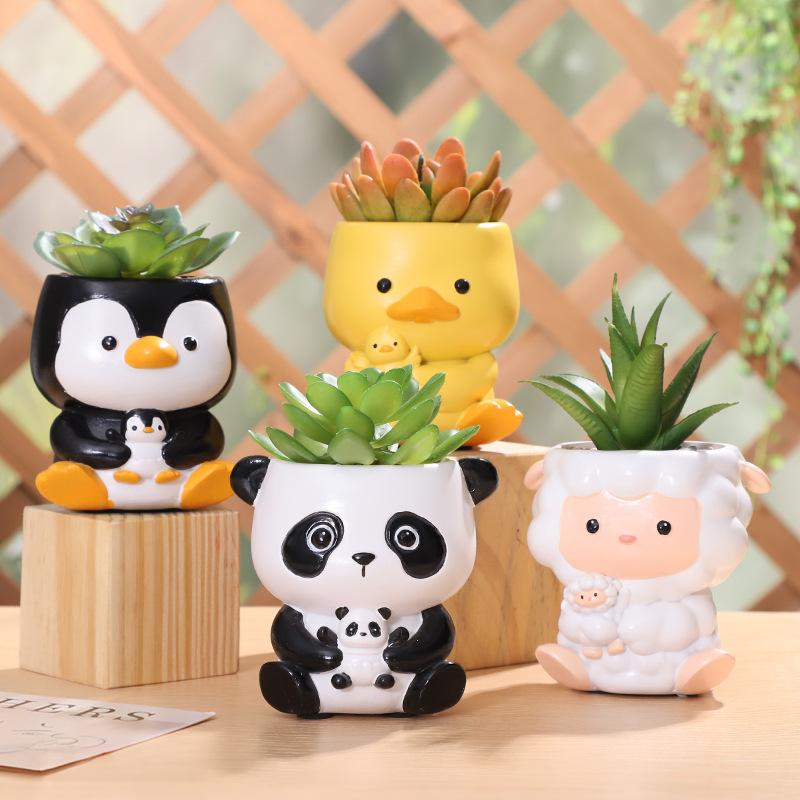 Chậu cây mọng nước hình động vật ôm nhau resin, chậu mini để bàn, đồ thủ công trang trí (RG-85)