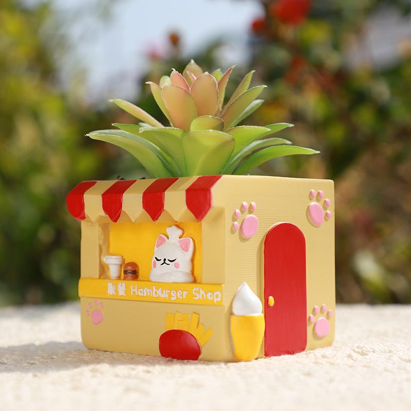 Chậu cây mọng nước hình cửa hàng đồ ăn hoạt hình resin, chậu mini để bàn, trang trí sân vườn (RG-225)