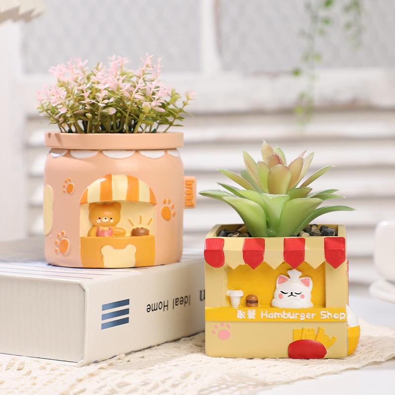 Chậu cây mọng nước hình cửa hàng đồ ăn hoạt hình resin, chậu mini để bàn, trang trí sân vườn (RG-225)