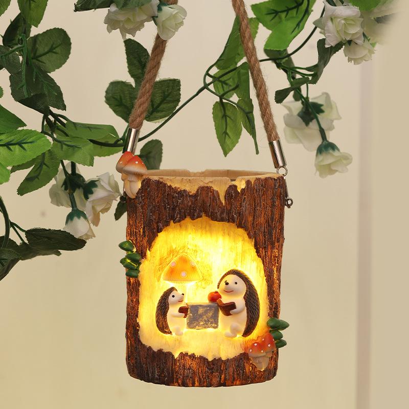 Chậu Cây Resin Đèn năng lượng mặt trời hình gốc cây và nhím, đèn sân vườn tiết kiệm điện, trang trí ban công (RG-240)