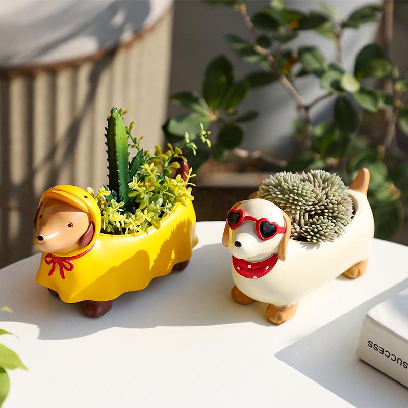 Chậu Cây Resin Chậu cây mọng nước hình chó Dachshund resin, chậu mini trang trí bàn, ban công sân vườn (RG-5)