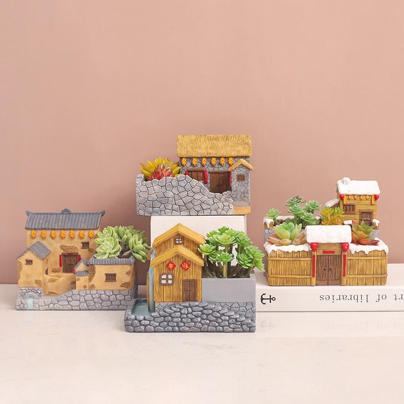 Chậu cây mọng nước resin phong cách nông trại vintage, chậu mini trang trí nhà, ban công và sân vườn (RG-253)