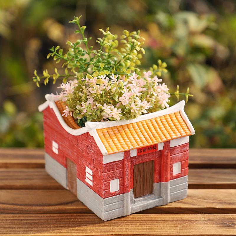 Chậu cây hình nhà cổ Phúc Kiến resin, chậu mọng nước mini, đồ thủ công văn hóa truyền thống (RG-138)