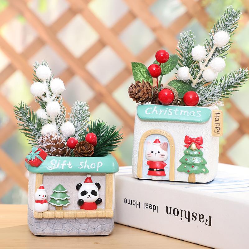 Chậu cây hình cửa hàng đồ ăn động vật Giáng Sinh resin, chậu mọng nước mini, trang trí sân vườn (RG-206)