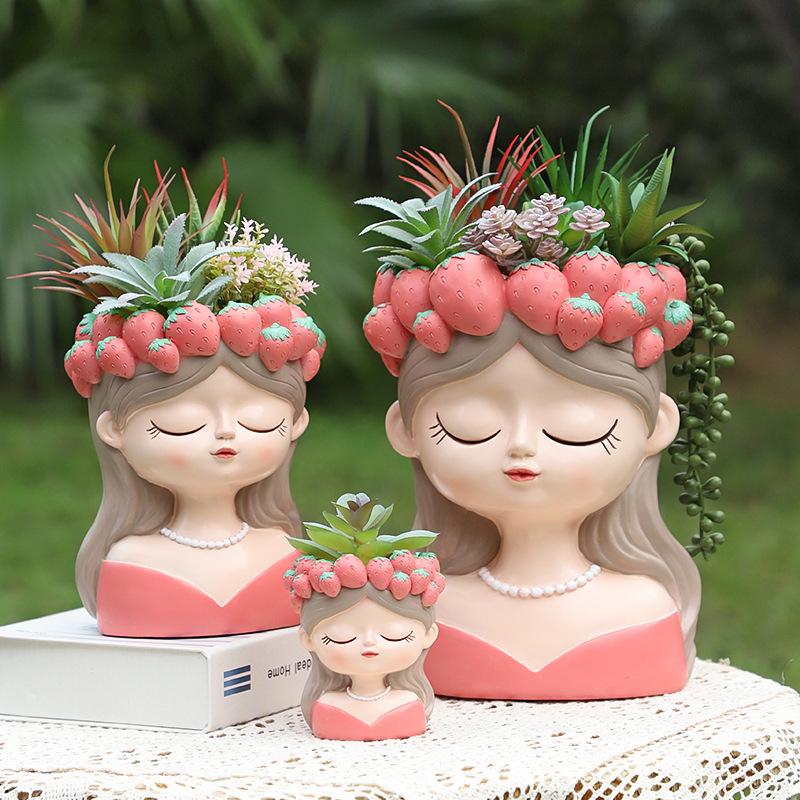 Chậu cây hình cô gái vòng hoa trái cây resin, chậu mini trang trí sân vườn, ban công và bàn làm việc (RG-214)