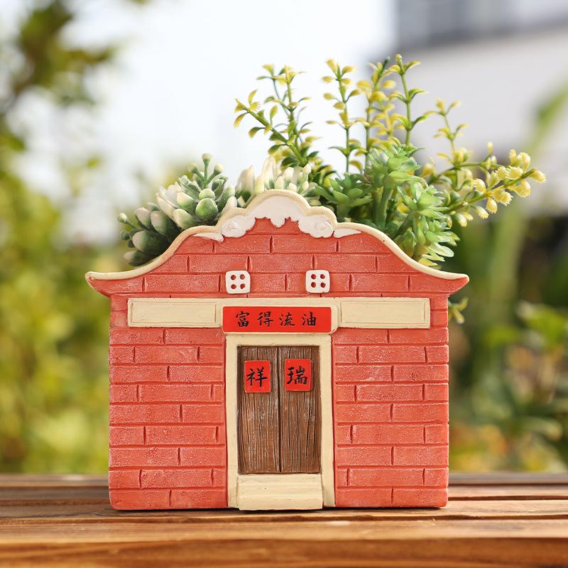 Chậu cây hình nhà cổ Phúc Kiến resin, chậu mọng nước mini, đồ thủ công văn hóa truyền thống (RG-138)